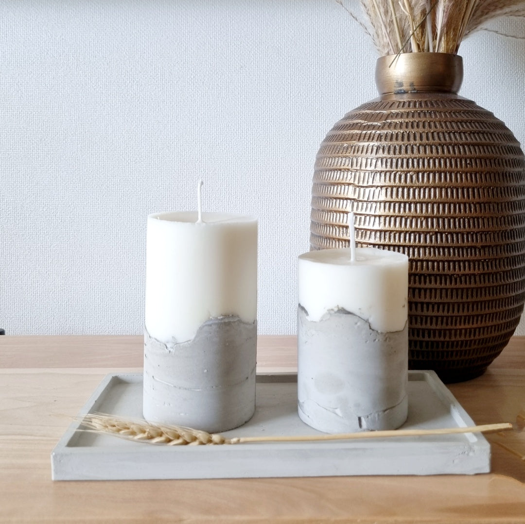 Set de Velas (10 cm, 13 cm) + Bandeja decorativa de cemento Rectangular