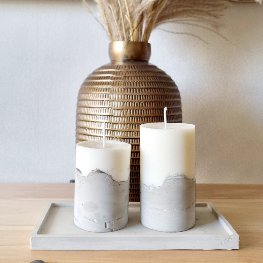Set de Velas (10 cm, 13 cm) + Bandeja decorativa de cemento Rectangular