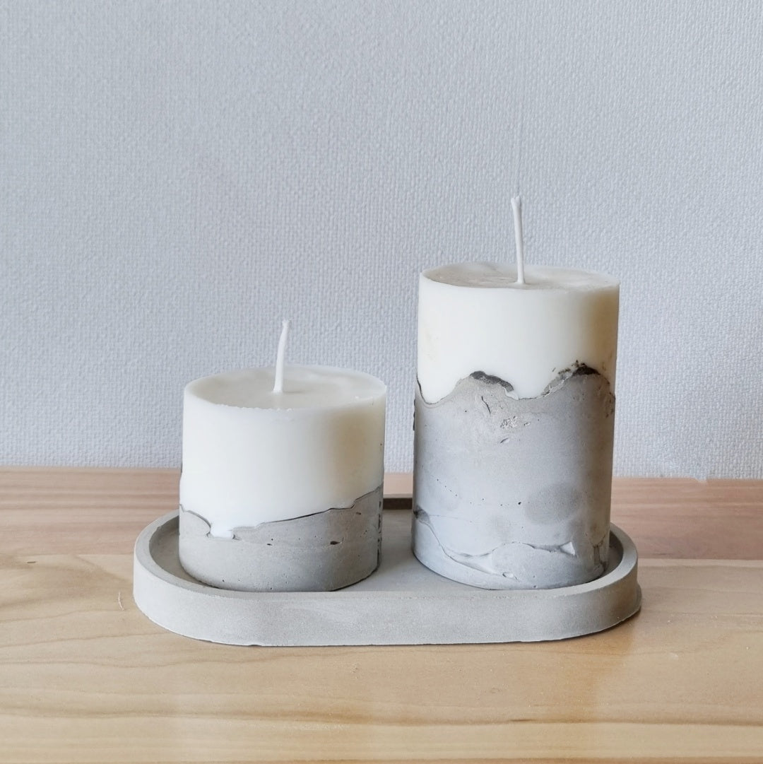Set de Velas de cemento (6 cm , 10 cm) + Bandeja decorativa ovalada