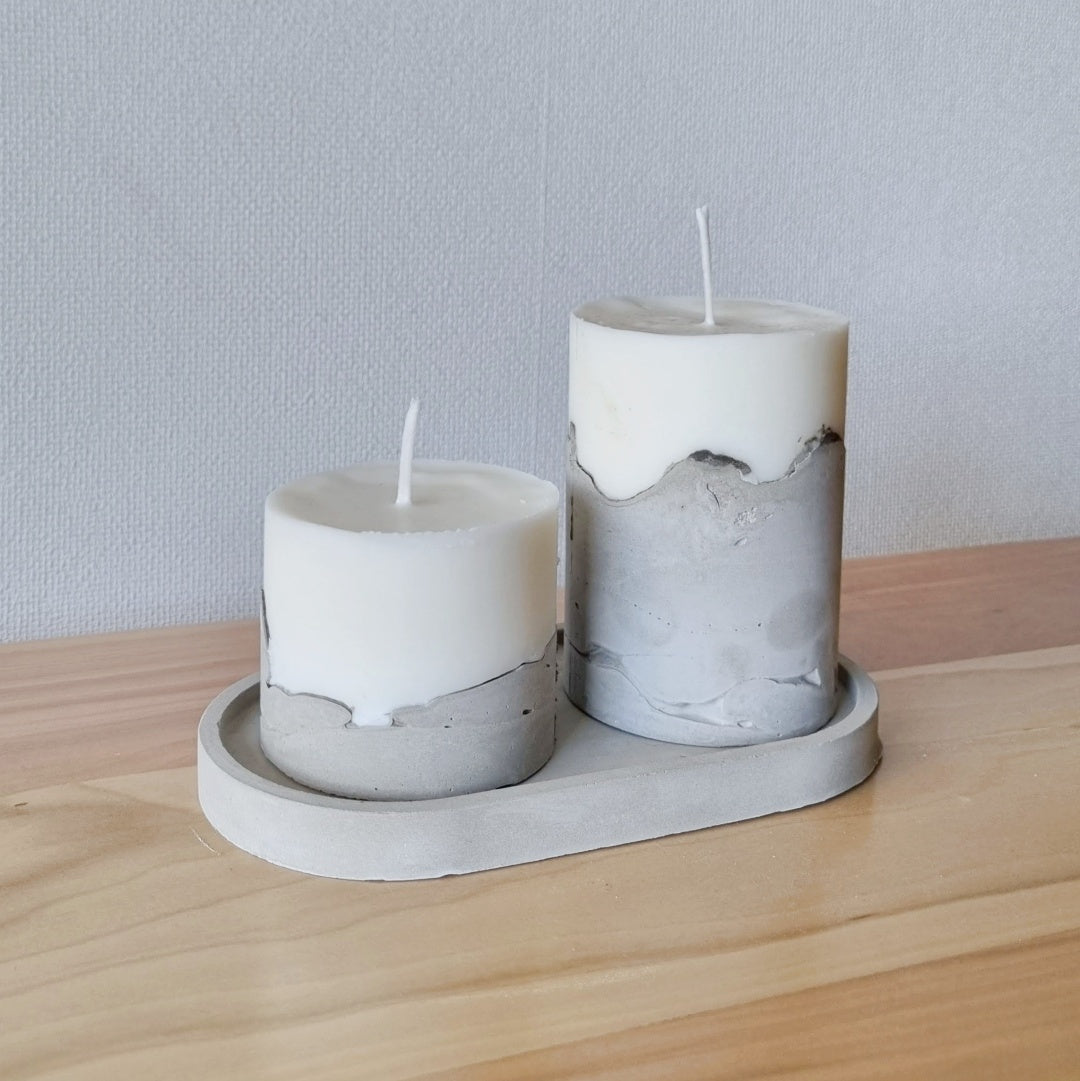 Set de Velas de cemento (6 cm , 10 cm) + Bandeja decorativa ovalada