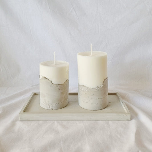 Set de Velas (10 cm, 13 cm) + Bandeja decorativa de cemento Rectangular