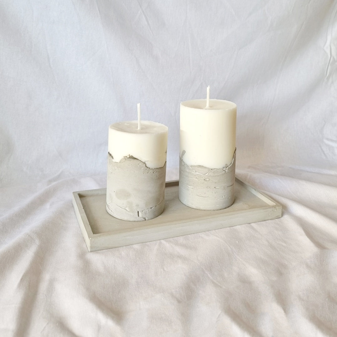 Set de Velas (10 cm, 13 cm) + Bandeja decorativa de cemento Rectangular