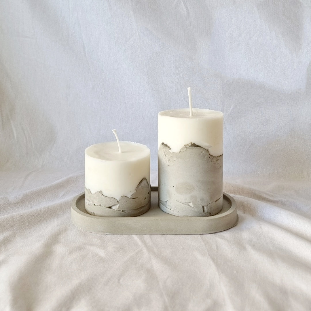 Set de Velas de cemento (6 cm , 10 cm) + Bandeja decorativa ovalada