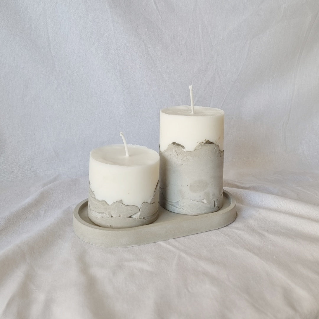 Set de Velas de cemento (6 cm , 10 cm) + Bandeja decorativa ovalada