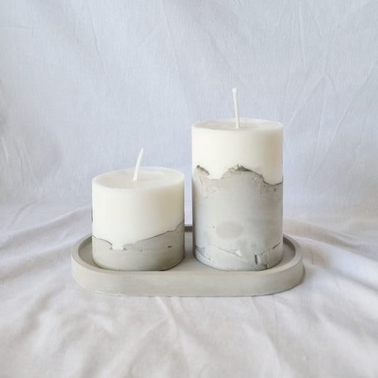 Set de Velas de cemento (6 cm , 10 cm) + Bandeja decorativa ovalada